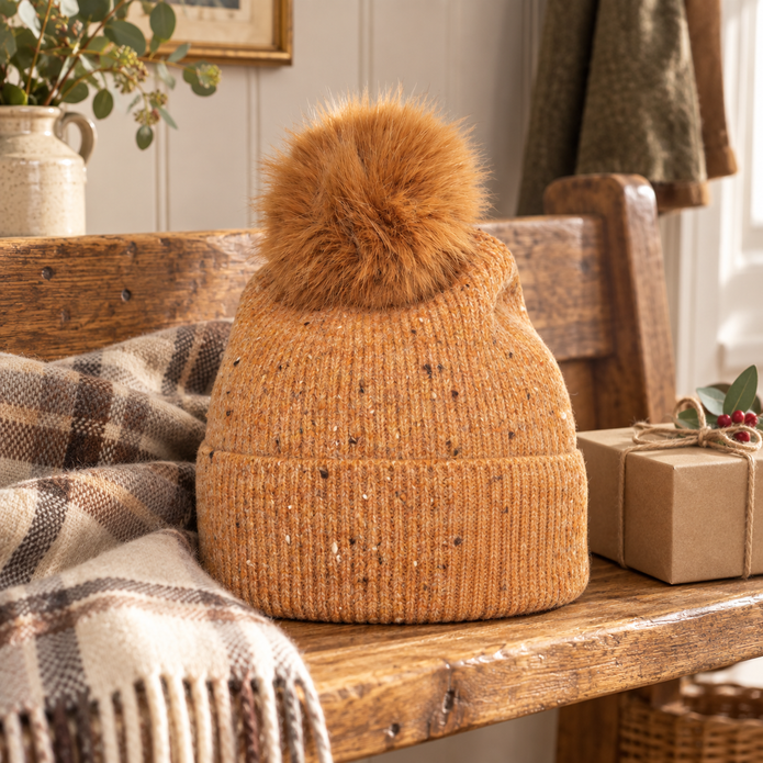 Camel speckle rib bobble hat displayed on a rustic oak bench in a country home