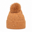 Camel speckle rib bobble hat with faux-fur pom pom on a clean white background