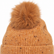 Close-up of camel speckle rib knit and faux-fur pom pom texture