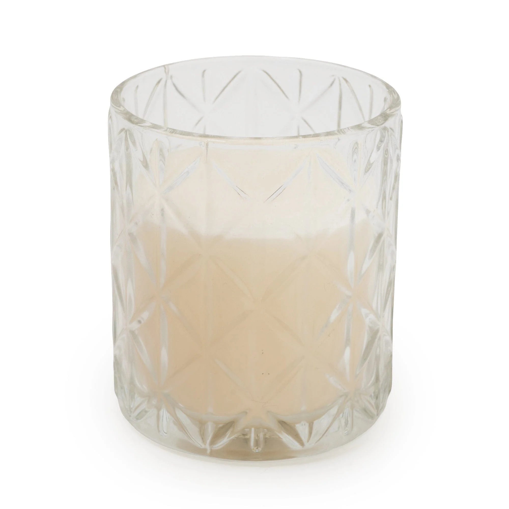 Clear large Chevron glass candle holder with diamond-cut design, perfect for candles and home decor by Candlelight Products Ltd.