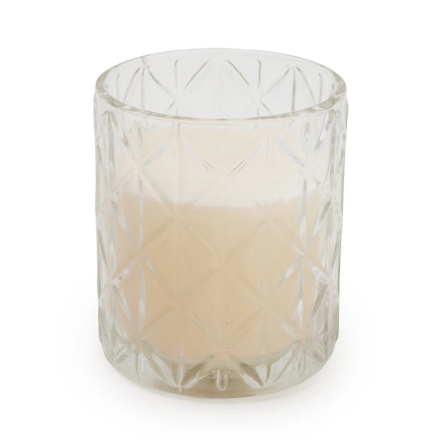 Clear large Chevron glass candle holder with diamond-cut design, perfect for candles and home decor by Candlelight Products Ltd.