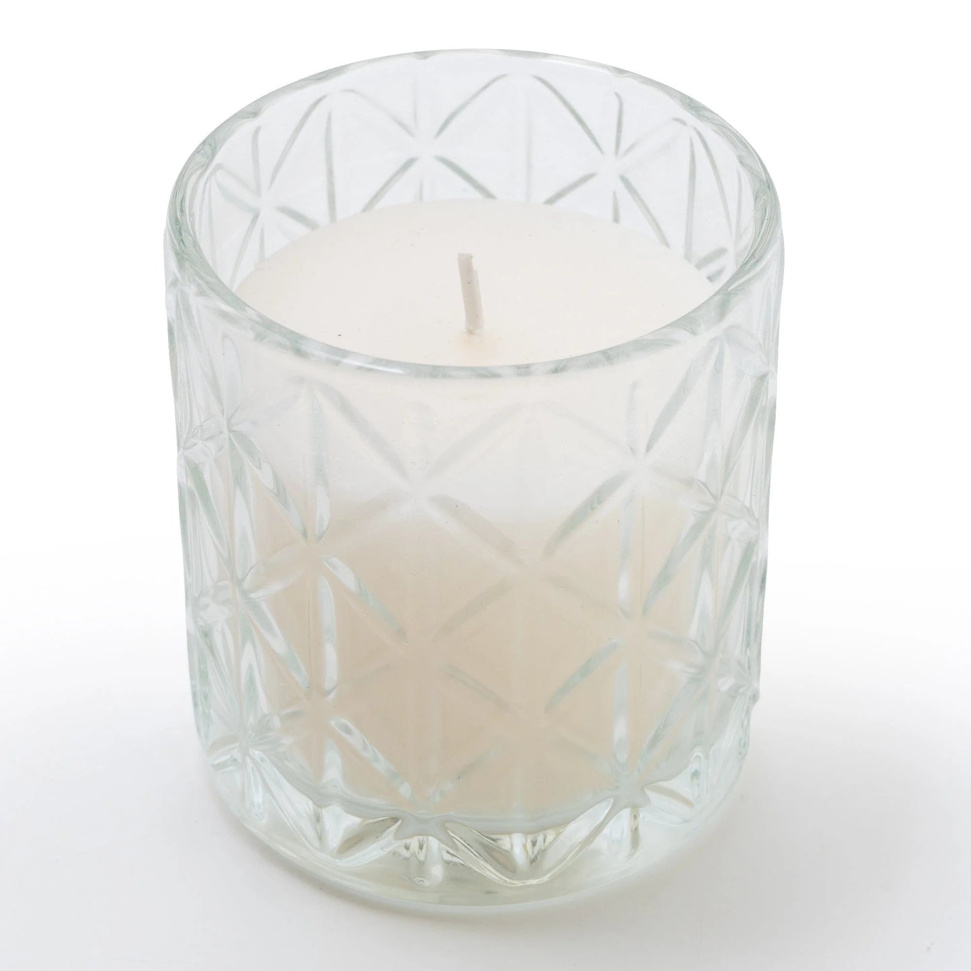 Clear large chevron glass candle holder by Candlelight Products Ltd, designed for candles with a diamond-cut pattern and elegant style.