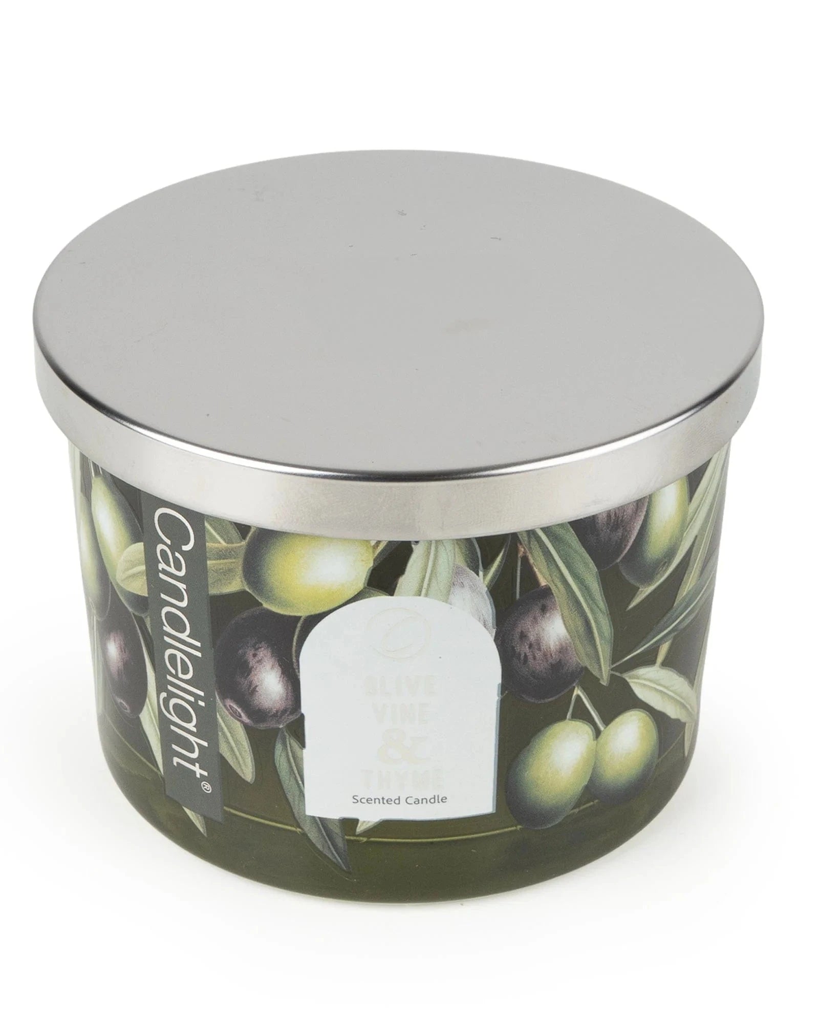 Set of Candlelight Products Ltd olive vine and thyme scented candles with metal lids, displayed together in a 6-pack arrangement.