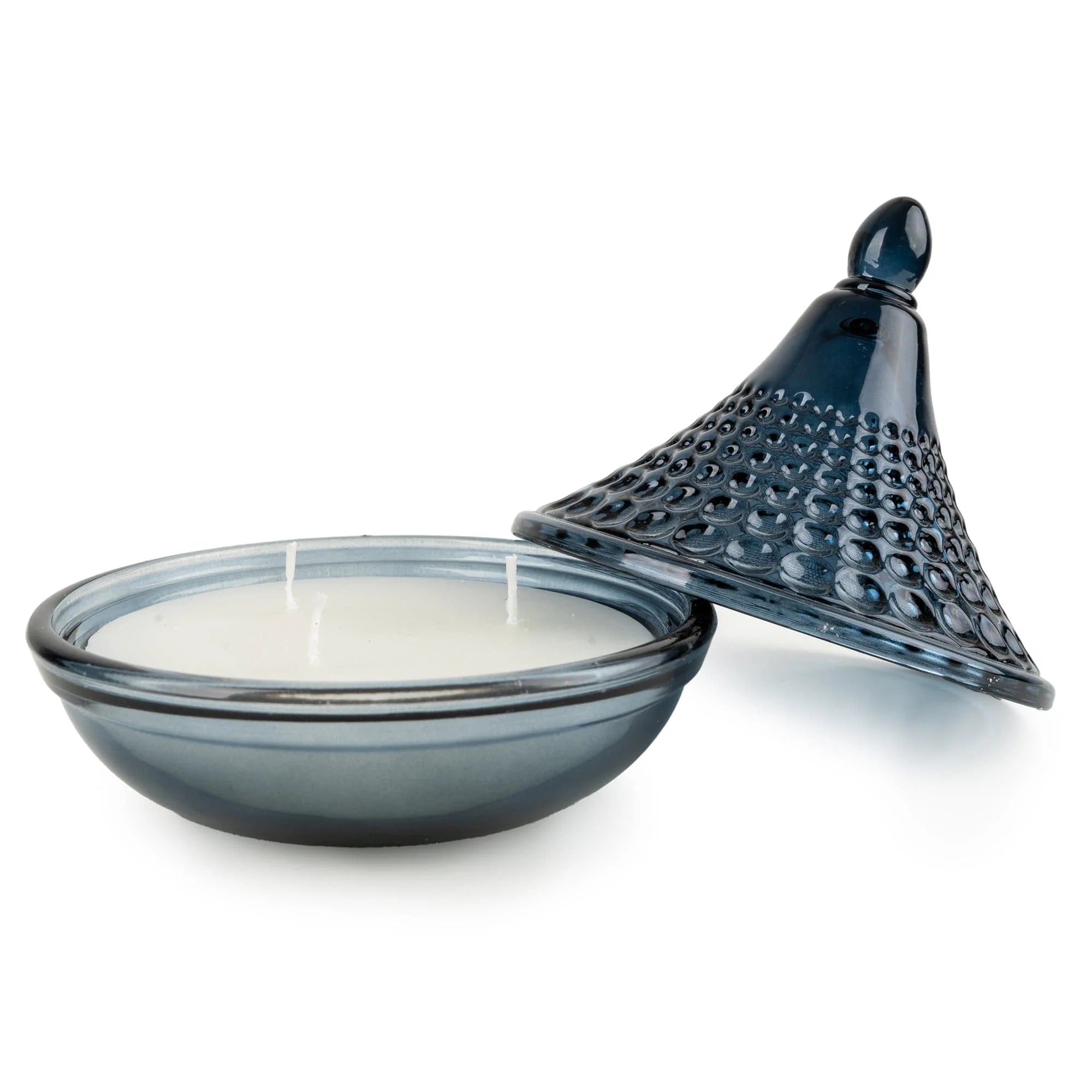 Set of six navy blue embossed tagine glass candles for home decor by Candlelight Products Ltd, featuring intricate embossed designs.