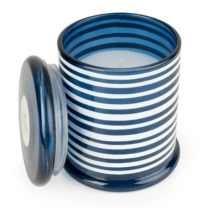 Large blue striped lidded candle jar by Jeff Banks, part of Candlelight Products Ltd, showing the candle with a matching lid.