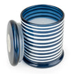 Large blue striped lidded candle jar by Jeff Banks, part of Candlelight Products Ltd, showing the candle with a matching lid.