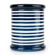 Large blue striped lidded candle jar by Jeff Banks, part of Candlelight Products Ltd, shown in a decorative home setting.