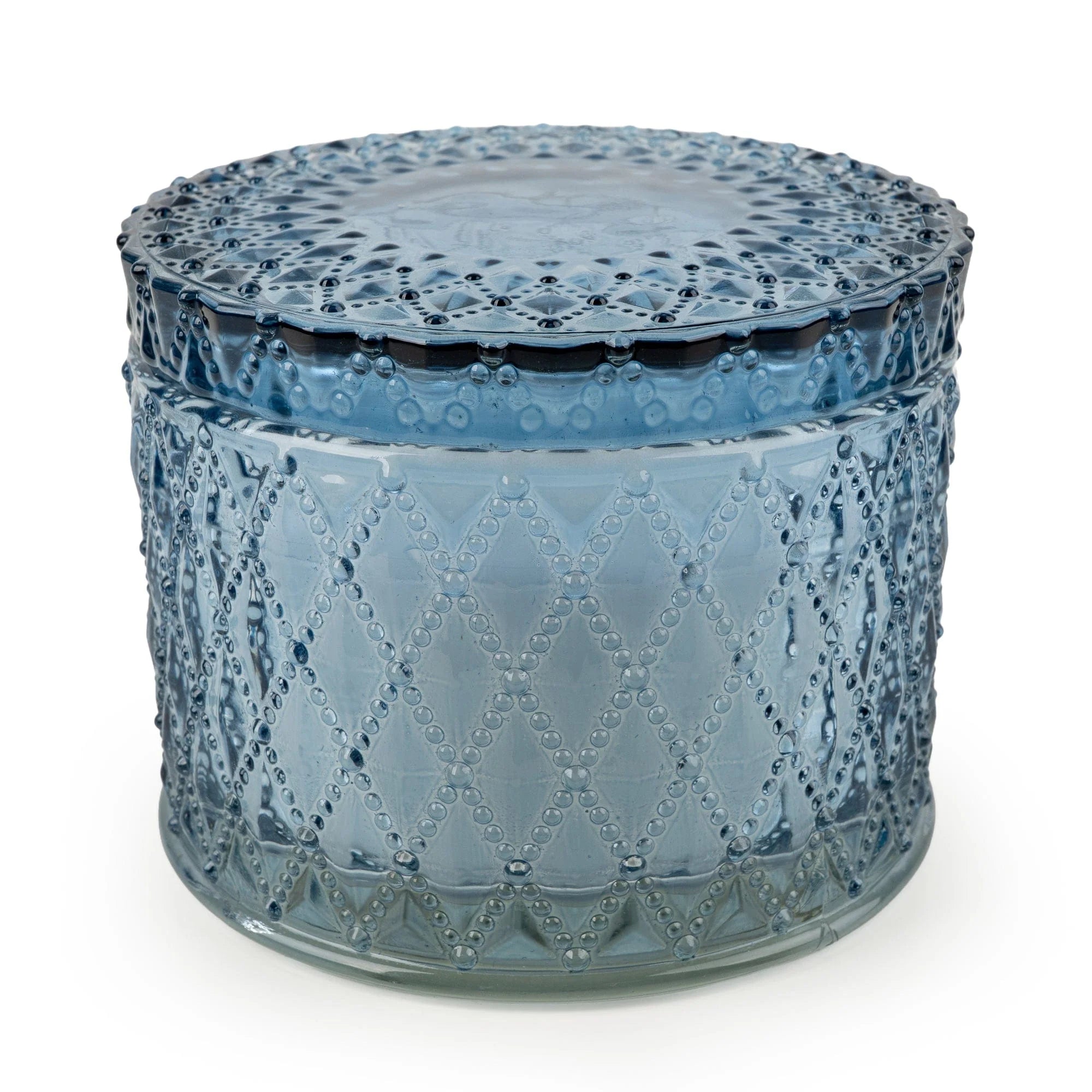 Six blue round embossed candle jars from Candlelight Products Ltd, featuring decorative embossed patterns on glass containers.