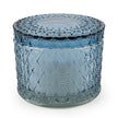 Six blue round embossed candle jars from Candlelight Products Ltd, featuring decorative embossed patterns on glass containers.
