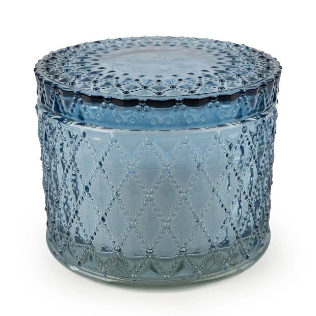 Six blue round embossed candle jars from Candlelight Products Ltd, featuring decorative embossed patterns on glass containers.