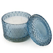 Set of six blue round embossed candle jars by Candlelight Products Ltd, showcasing textured glass and decorative design.