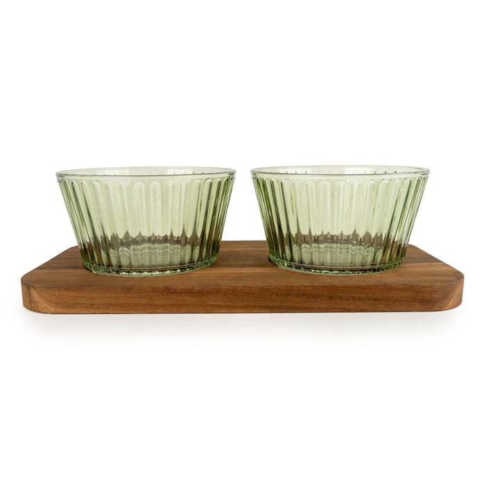 Set of two green round glass dishes on a tray, ideal for kitchen and dining use by Candlelight Products Ltd.