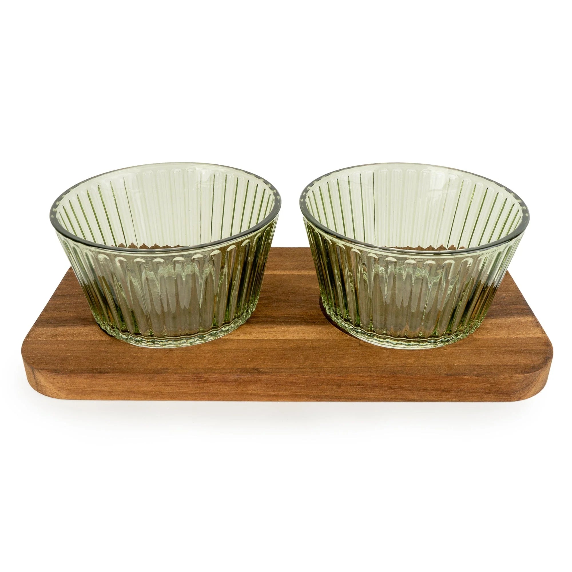 Set of two green round glass dishes on tray, ideal for kitchen and dining use, by Candlelight Products Ltd