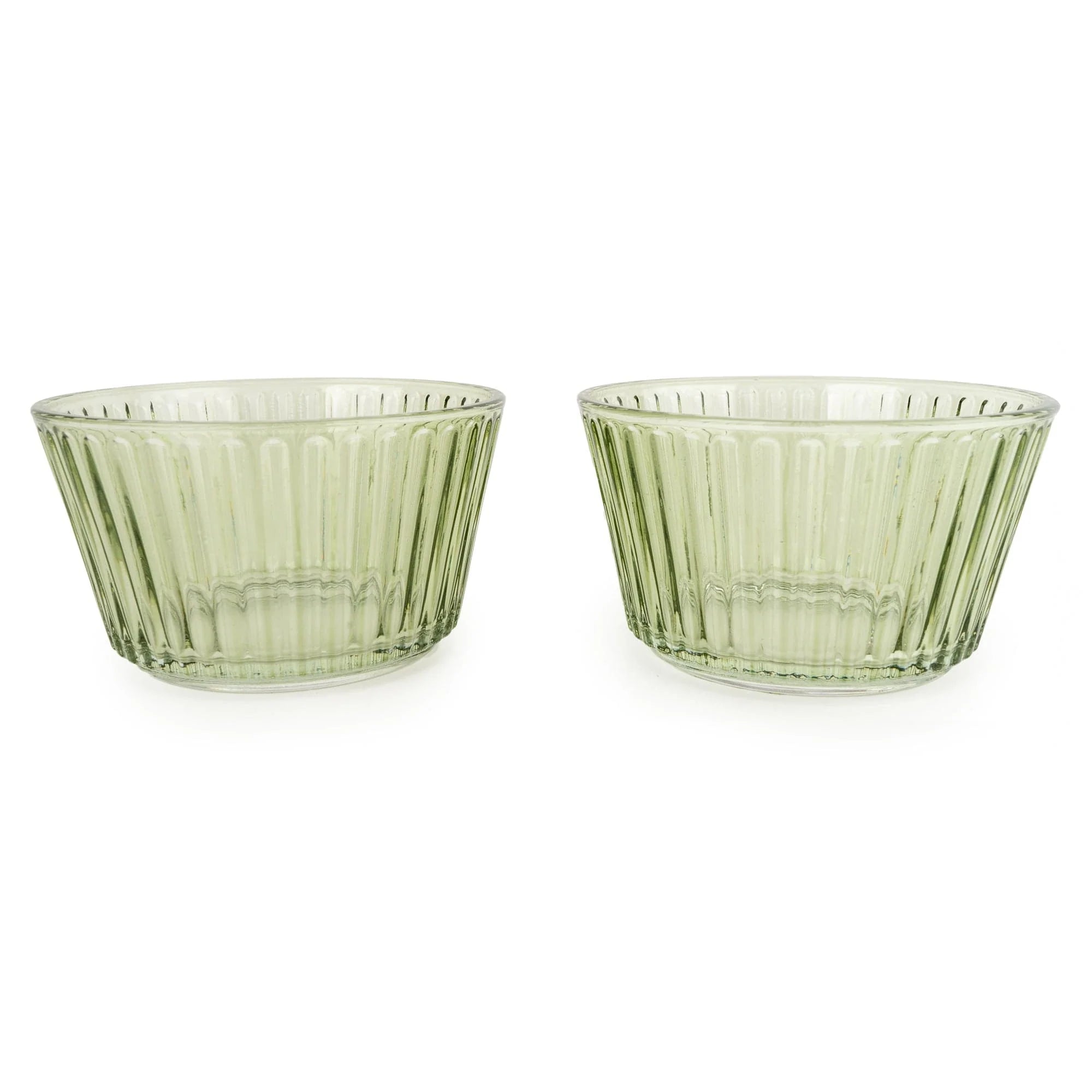 Green round glass dishes on a tray, ideal for kitchen and dining use, by Candlelight Products Ltd.