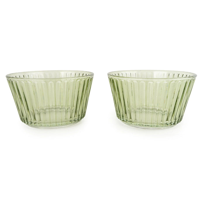 Green round glass dishes on a tray, ideal for kitchen and dining use, by Candlelight Products Ltd.