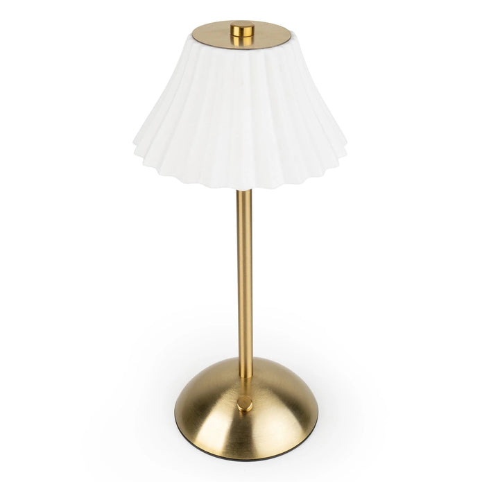 LED touch table lamp with brass base and white fluted shade, Candlelight Products Ltd lighting fixture with illuminated control.