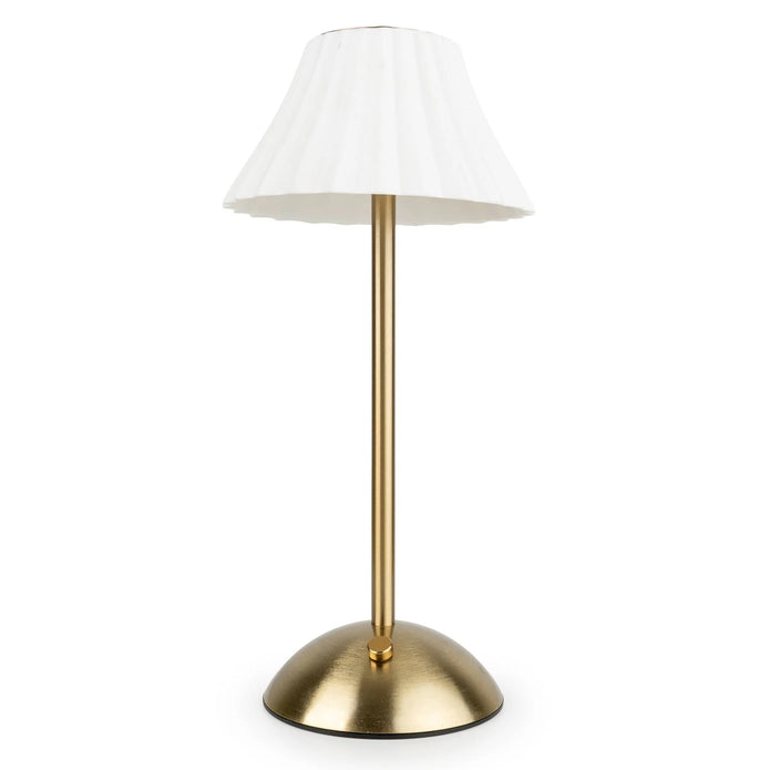 LED touch table lamp with brass finish and white fluted shade, Candlelight Products Ltd lighting decor for home.
