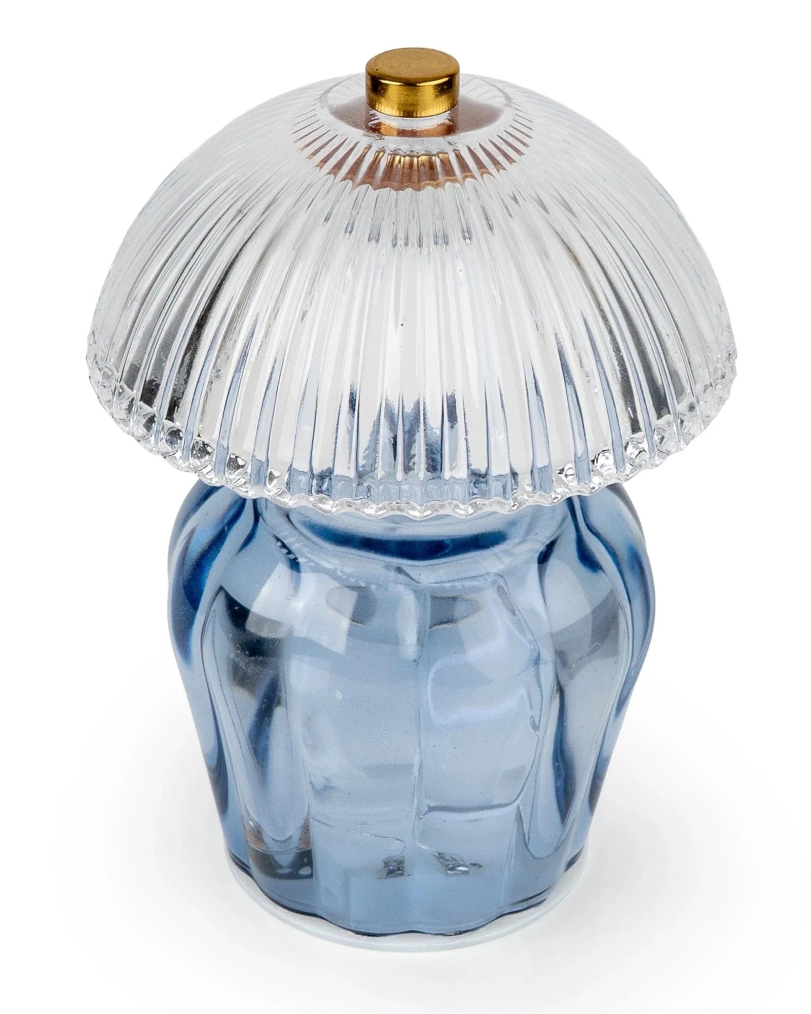 Blue glass vintage LED table lamp with ridged design, small size, and illuminated lighting from Candlelight Products Ltd.