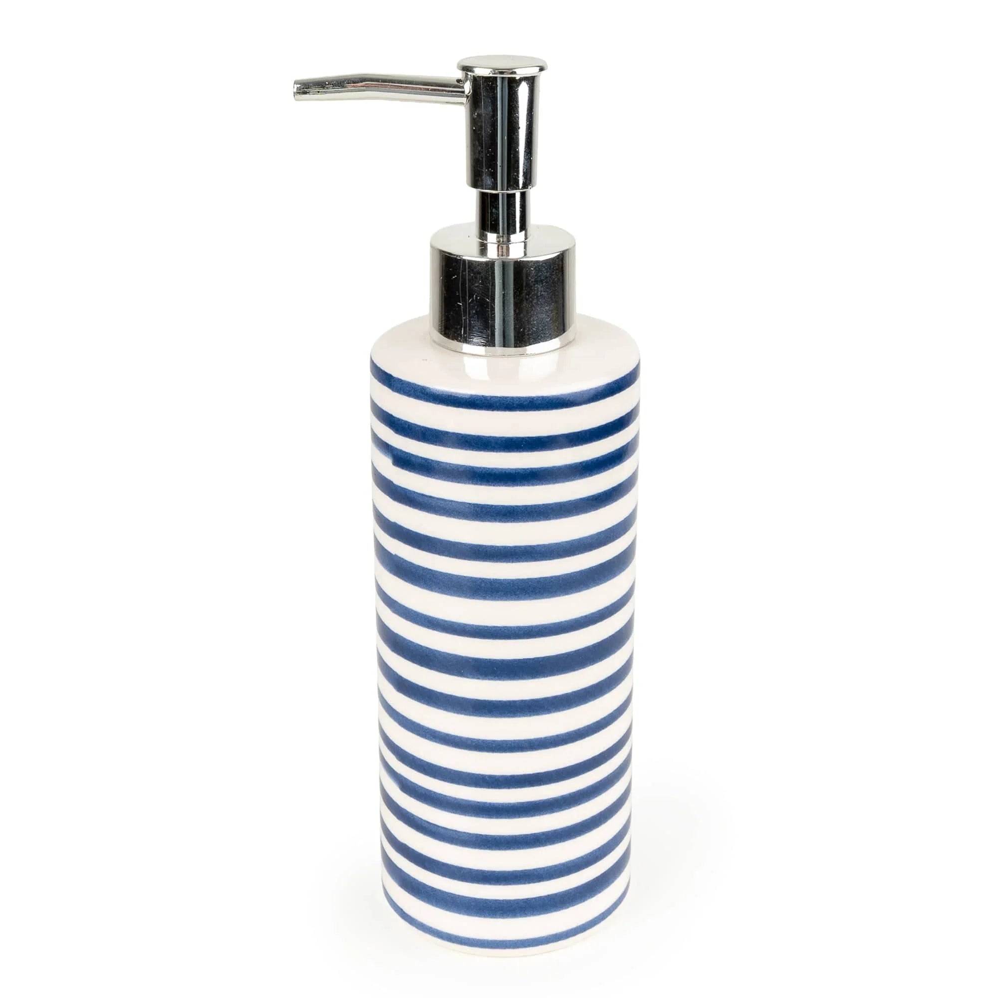 Blue striped soap dispenser bottle from Candlelight Products Ltd, home decor accessory with a modern design.