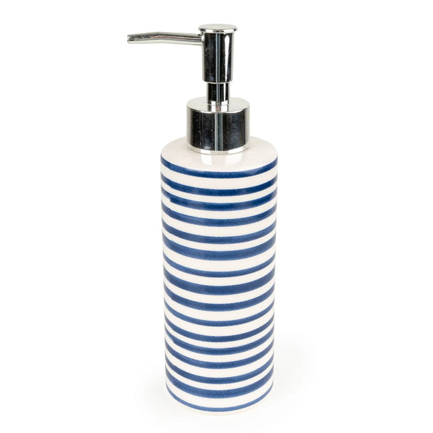 Blue striped soap dispenser bottle from Candlelight Products Ltd, home decor accessory with a modern design.