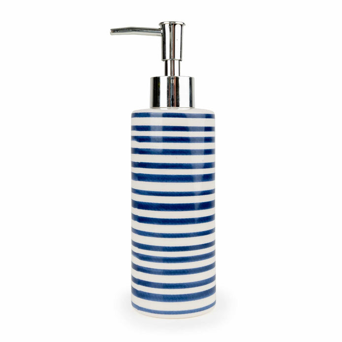 Blue striped soap dispenser bottle from Candlelight Products Ltd, stylish home decor accessory for liquid soap or lotion.