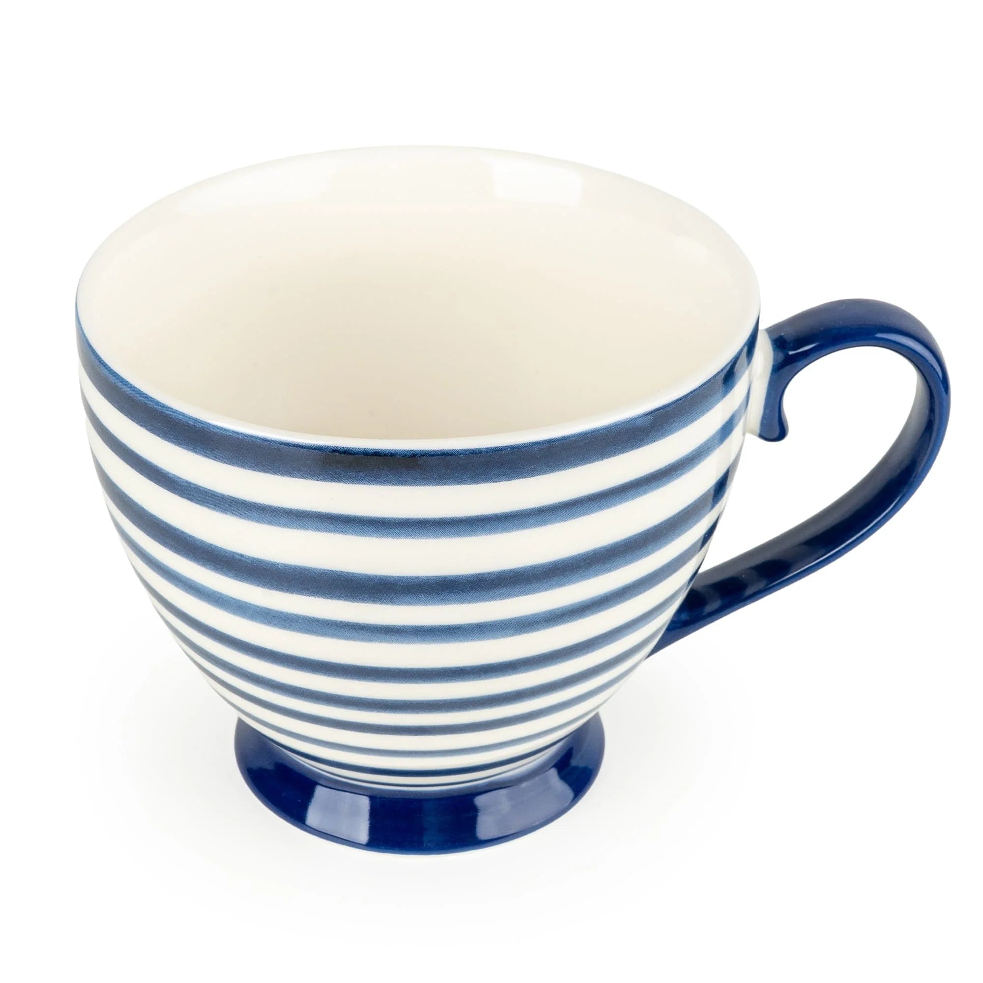 Set of six blue and white striped footed mugs from Candlelight Products Ltd, perfect for kitchen and dining use.