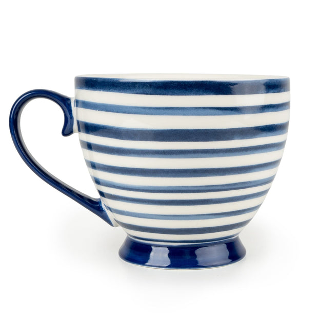 Set of six blue and white striped footed mugs by Candlelight Products Ltd, perfect for kitchen and dining use.