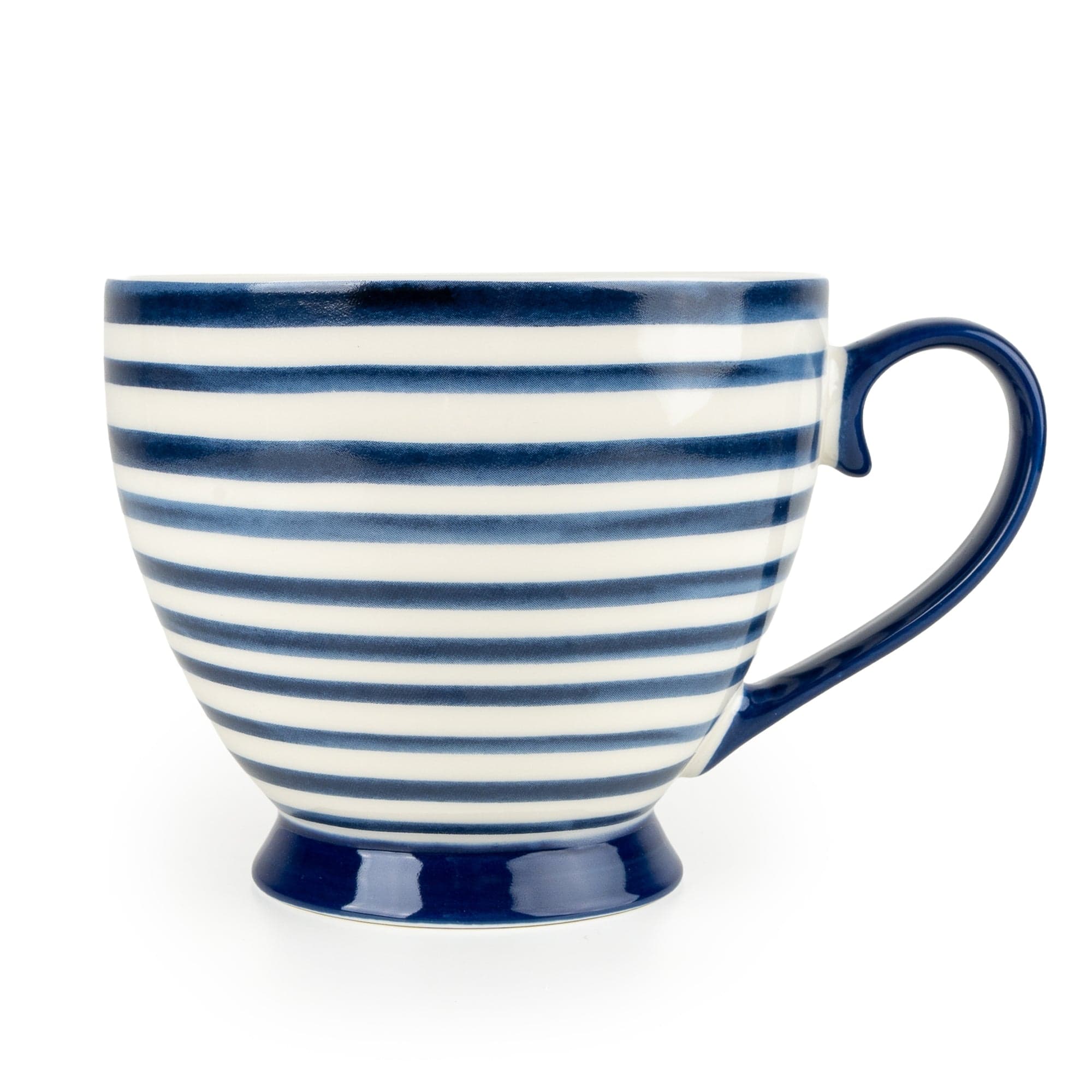 Set of six blue and white striped footed mugs by Candlelight Products Ltd for kitchen and dining use.