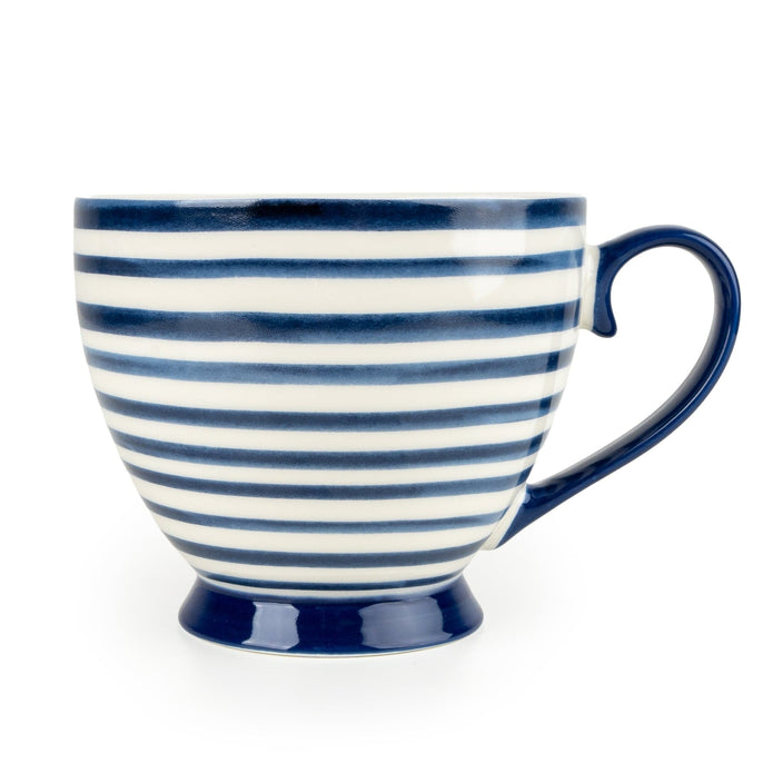 Set of six blue and white striped footed mugs by Candlelight Products Ltd for kitchen and dining use.