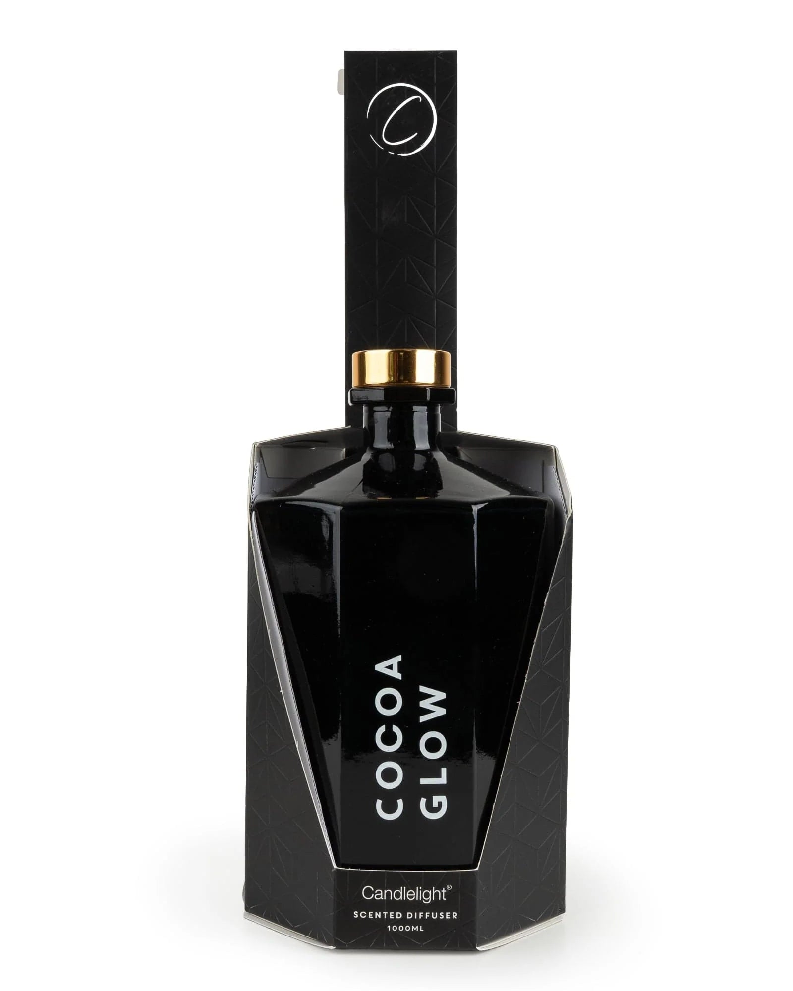 Black diffuser bottle labeled 'Cocoa Glow' on a white background