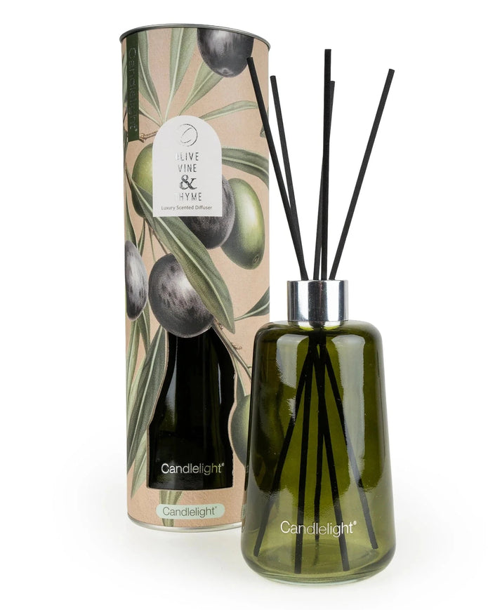 Reed diffuser with Olive Vine & Thyme scent in 300ml glass bottle, home fragrance by Candlelight Products Ltd.