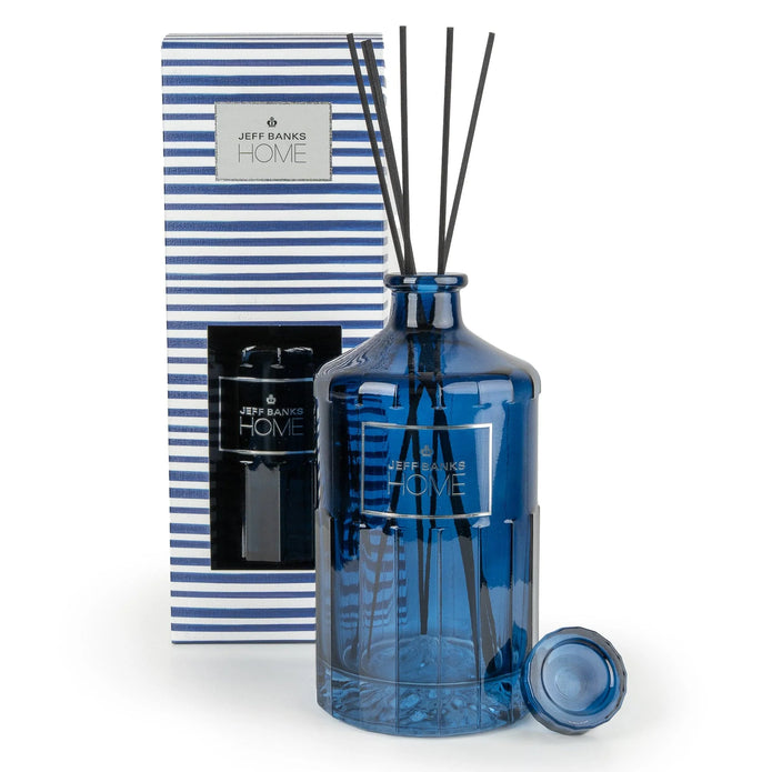 Blue striped Jeff Banks reed diffuser by Candlelight Products Ltd, 1000ml bottle with four reed diffuser sticks.