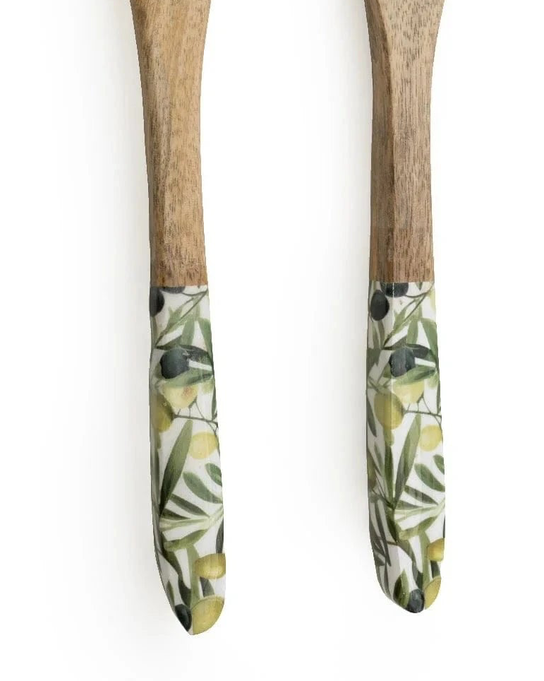 Olive pattern mango wood and melamine salad servers set with fork and spoon, crafted by Candlelight Products Ltd.