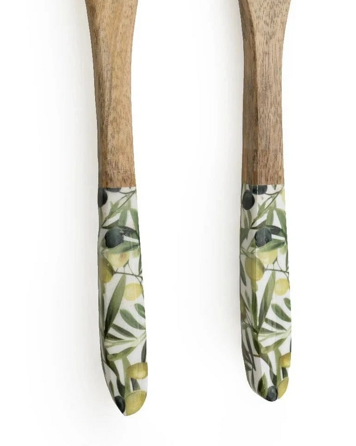 Olive pattern mango wood and melamine salad servers set with fork and spoon, crafted by Candlelight Products Ltd.