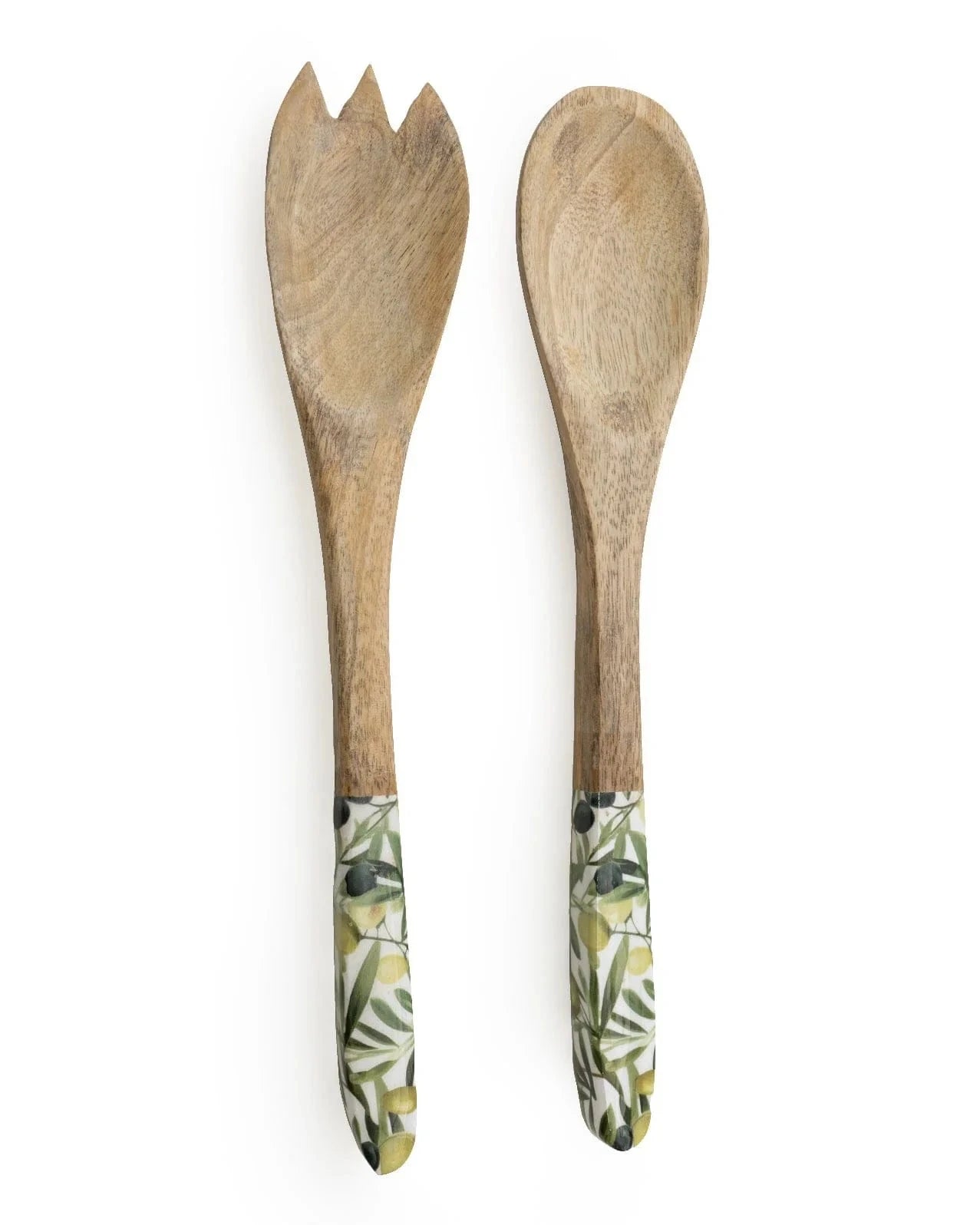 Olive pattern Mango wood and melamine salad servers set with spoon and fork, ideal for home decor and serving salads.