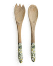 Olive pattern Mango wood and melamine salad servers set with spoon and fork, ideal for home decor and serving salads.