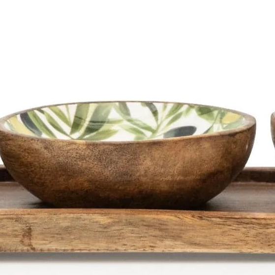 Set of four olive pattern mango wood and melamine dipping bowls, ideal for kitchen and dining use.