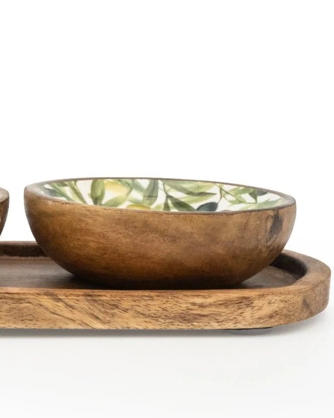 Set of three Olive Pattern Mango Wood and Melamine Dipping Bowls for Kitchen and Dining by Candlelight Products Ltd.