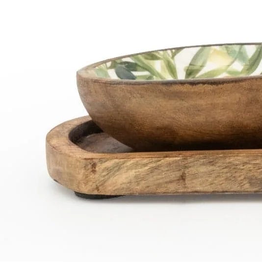Set of four olive-pattern mango wood and melamine dipping bowls for kitchen and dining use, featuring a stylish and practical design.