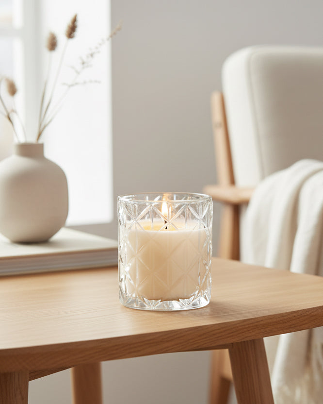 Clear large Chevron glass candle from Candlelight Products Ltd, featuring a stylish Chevron design in a transparent glass holder.