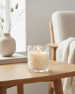 Clear large Chevron glass candle from Candlelight Products Ltd, featuring a stylish Chevron design in a transparent glass holder.