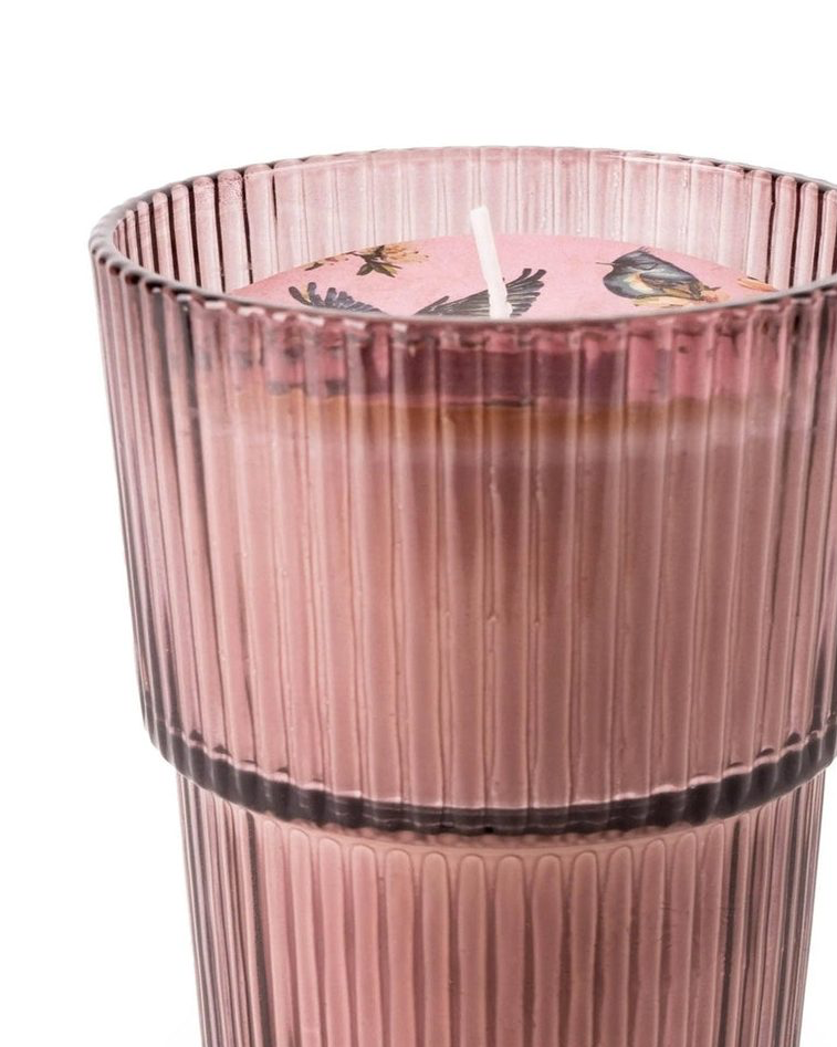 Large ridged glass candle by Candlelight Products Ltd featuring Garden Blooms Plum scent, showcasing a deep purple candle in a textured glass holder.
