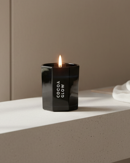 Small black octagonal candle from Candlelight Products Ltd with a warm cocoa glow finish, perfect for cozy décor.