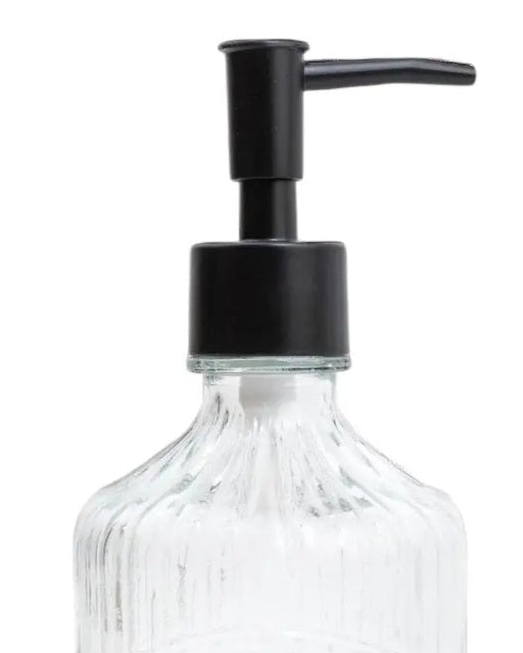 Clear ribbed glass soap dispenser bottle by Candlelight Products Ltd, with a pump for kitchen or bathroom use.