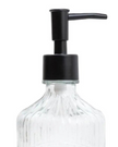Clear ribbed glass soap dispenser bottle by Candlelight Products Ltd, with a pump for kitchen or bathroom use.