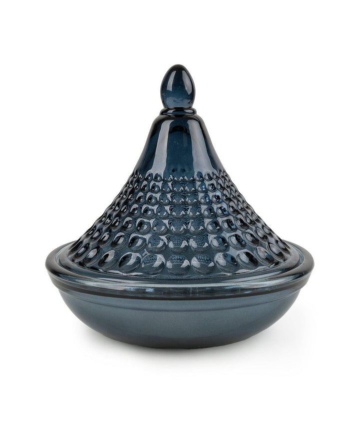 Navy blue embossed Tagine glass candle from Candlelight Products Ltd, used as elegant home decor or decorative accent.