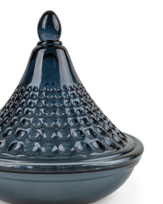 Embossed navy blue glass tagine-shaped candle from Candlelight Products Ltd, perfect for home decor.