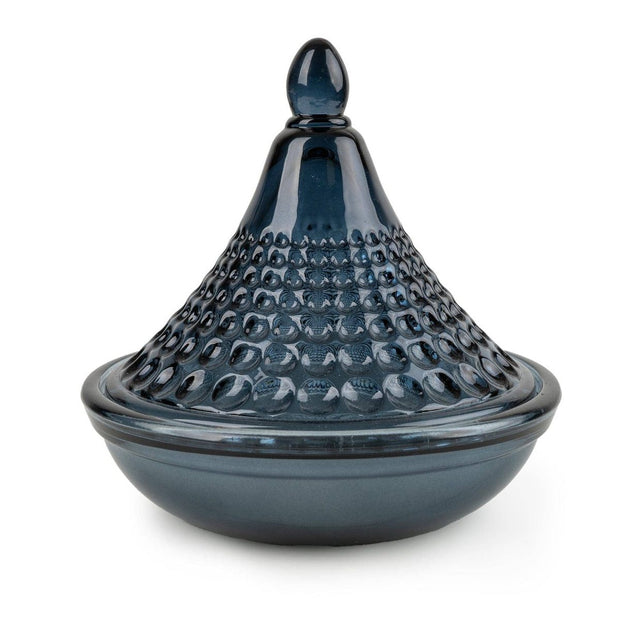 Navy blue embossed Tagine glass candle from Candlelight Products Ltd, used as elegant home decor or decorative accent.