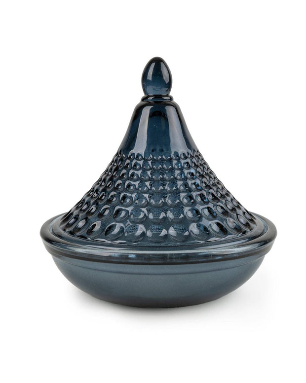 Navy blue embossed Tagine glass candle from Candlelight Products Ltd, used as elegant home decor or decorative accent.