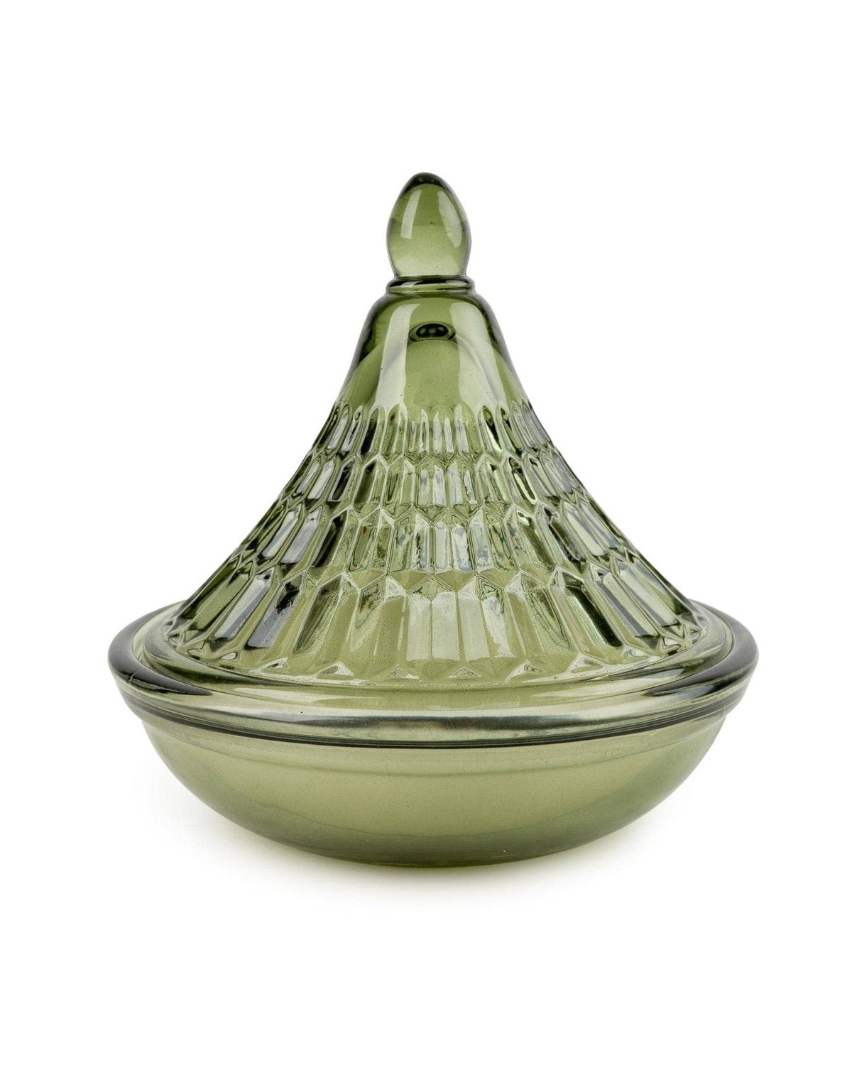 Olive green embossed Tagine glass candle from Candlelight Products Ltd, decorative home decor with intricate embossed design.